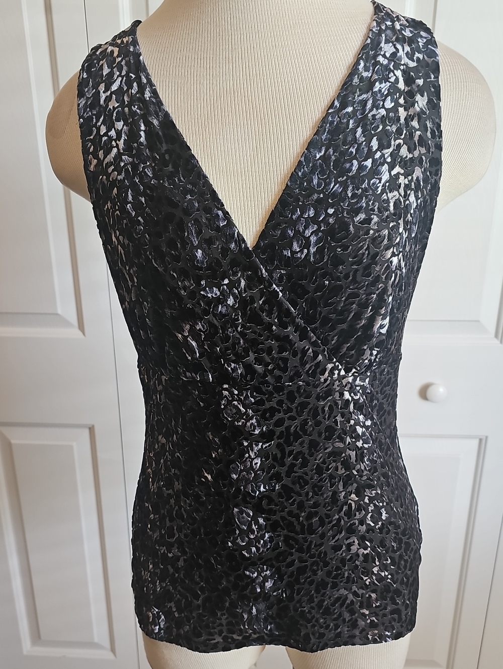 Black & Metallic Burn Out Velvet Babydoo Animal Print Sleeveless V-Neck Top. Med